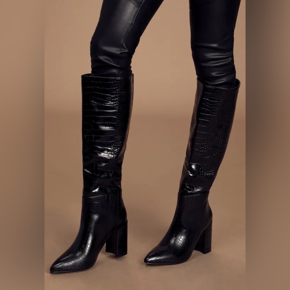 Black Croc-Embossed Knee-High Boots